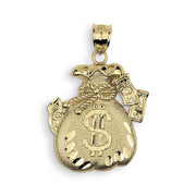 10k gold money loot bag pendant with diamond-cut dollar sign on white background.