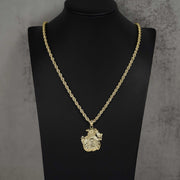 10k gold money loot bag pendant necklace on gold rope chain displayed on black mannequin.