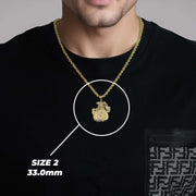 Size 2 33.0mm 10k gold money loot bag pendant necklace modeled on a man.