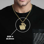 Size 4 52.0mm 10k gold money loot bag pendant necklace modeled on a man.