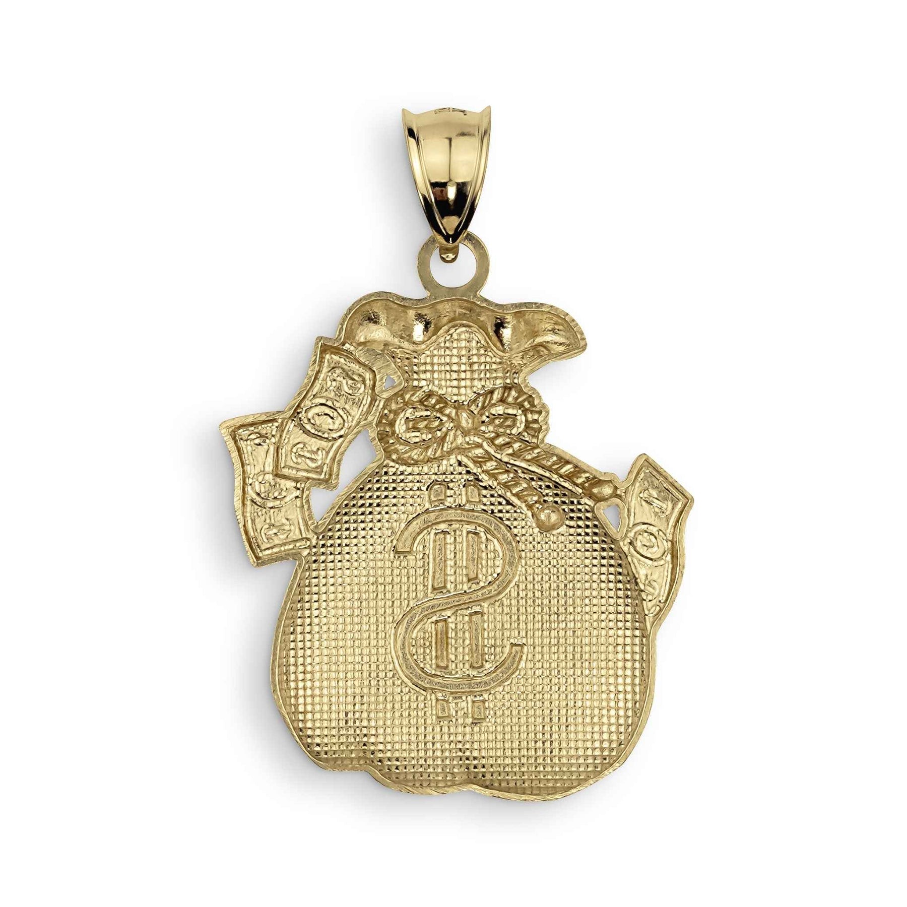 Smooth solid 10k yellow gold flat back of the money bag pendant against white.