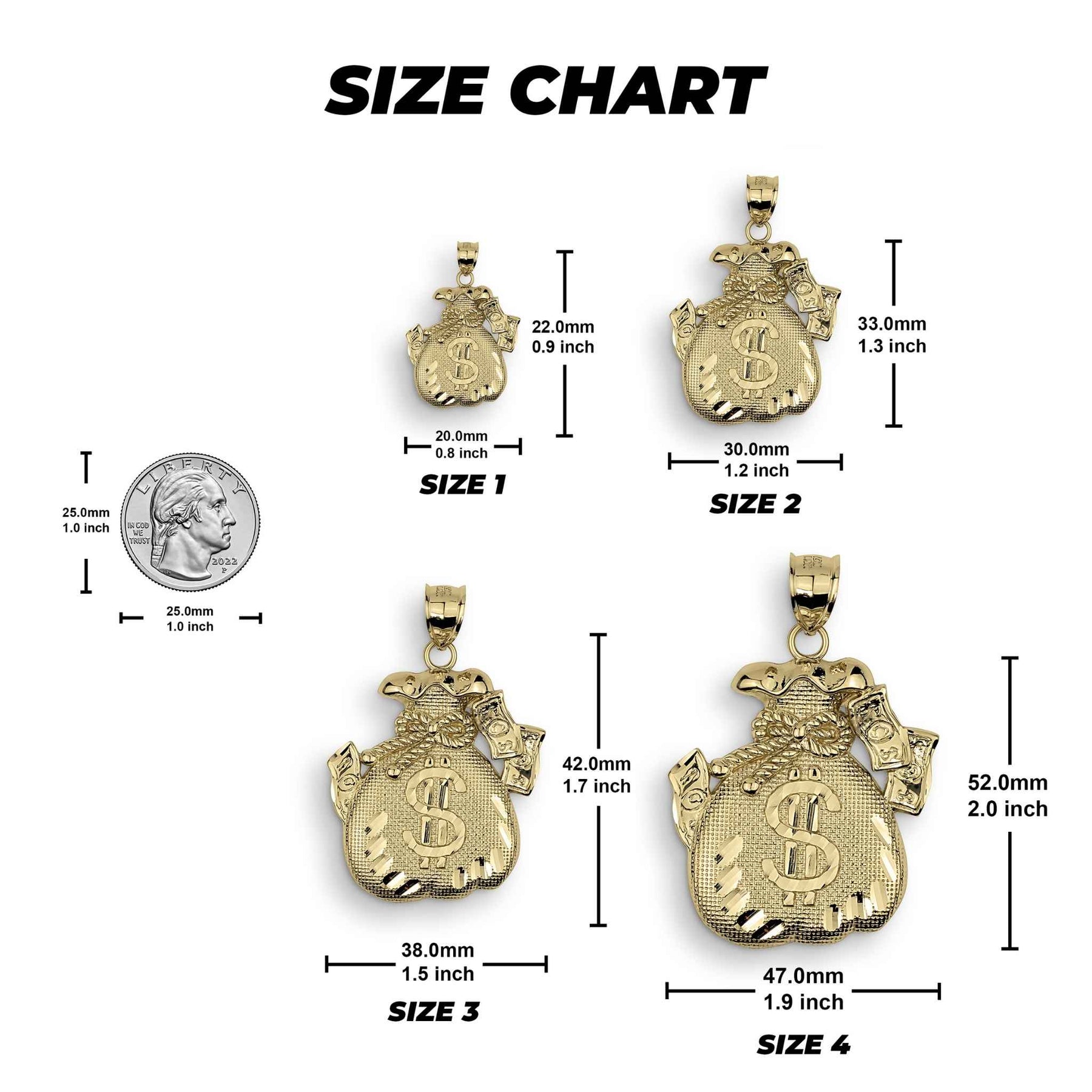 Size chart comparing four 10k gold money bag pendant sizes with a quarter.