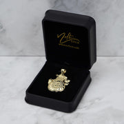 10k yellow gold money bag pendant displayed inside an open black jewelry box.