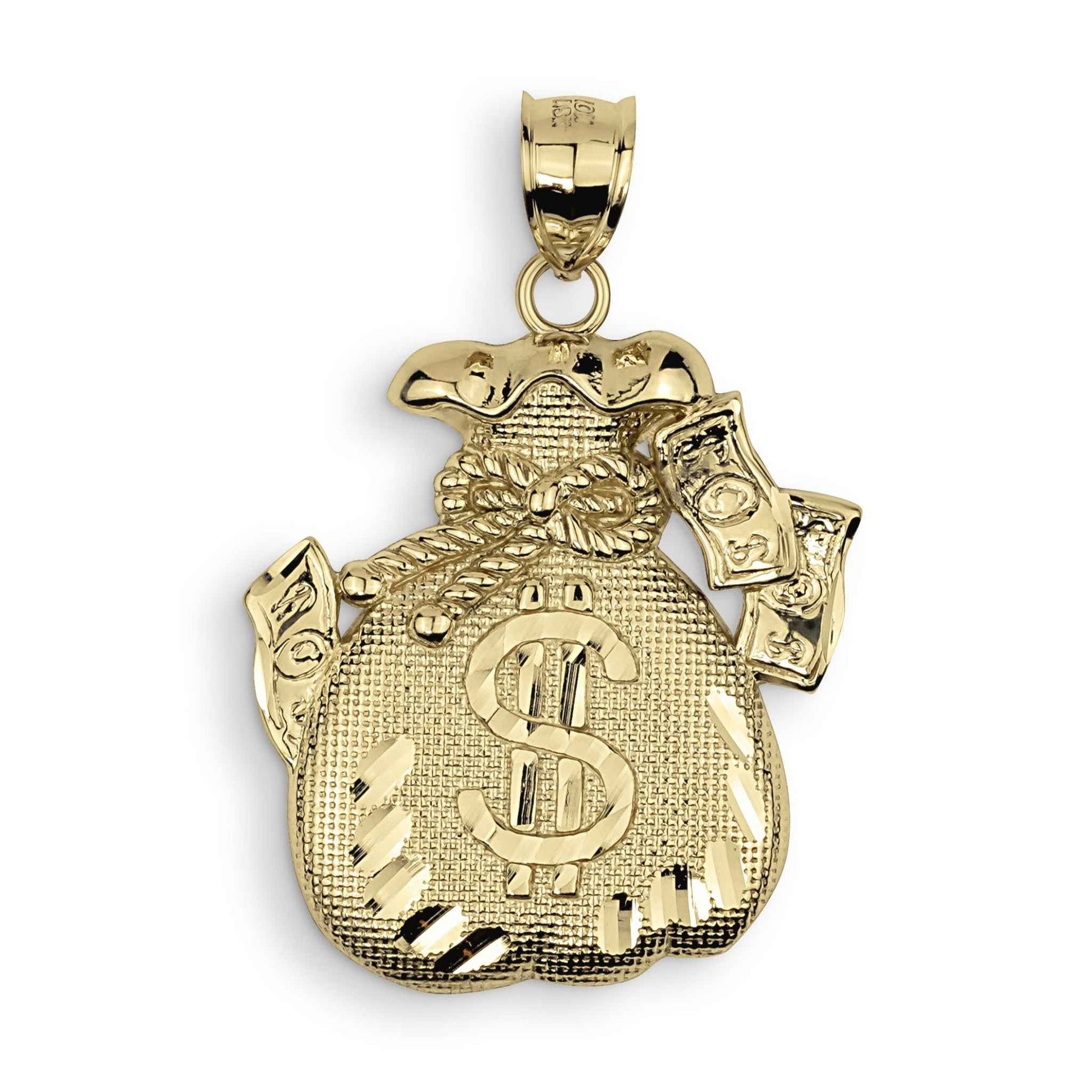 10k yellow gold money bag pendant featuring a textured design and dollar sign against white.