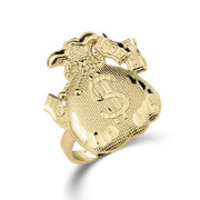 10k gold money loot bag signet ring with diamond-cut detailing on a white background.