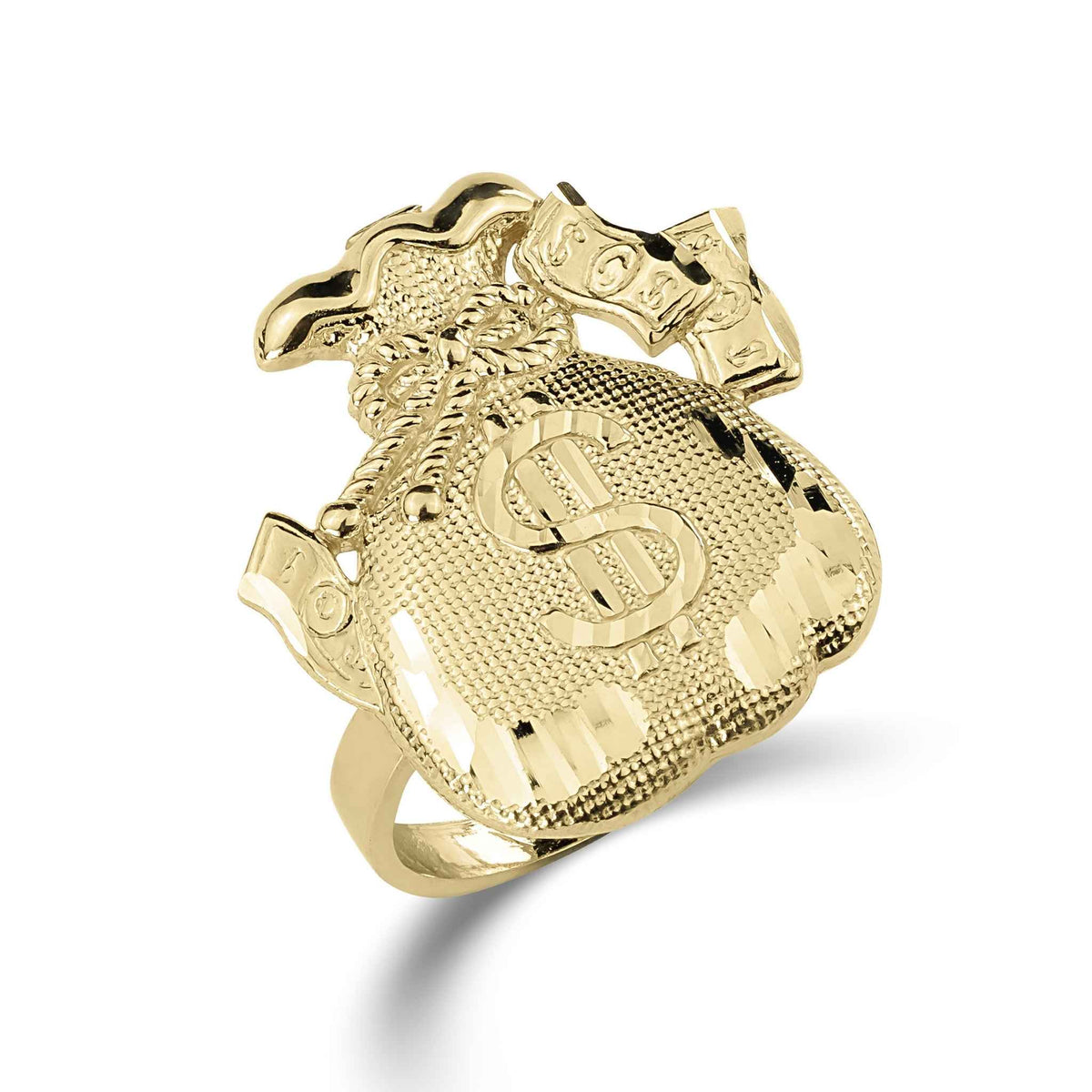 10k gold money loot bag signet ring with diamond-cut detailing on a white background.