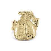 Front view of a 10k gold money loot bag ring on a white background.