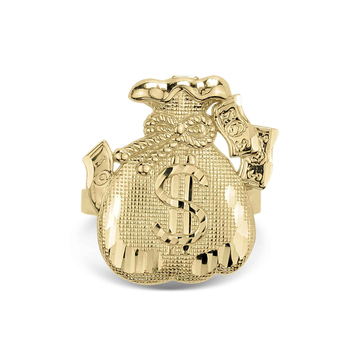 Front view of a 10k gold money loot bag ring on a white background.