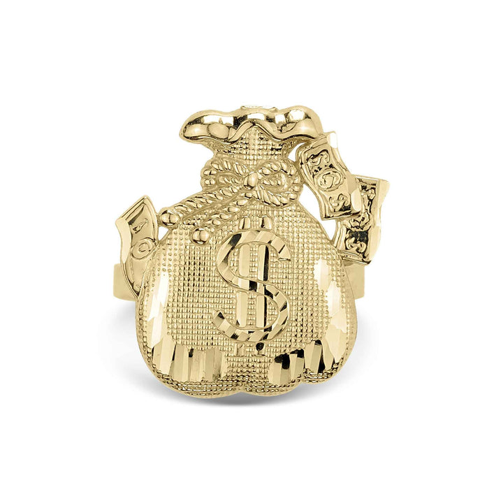 Front view of a 10k gold money loot bag ring on a white background.