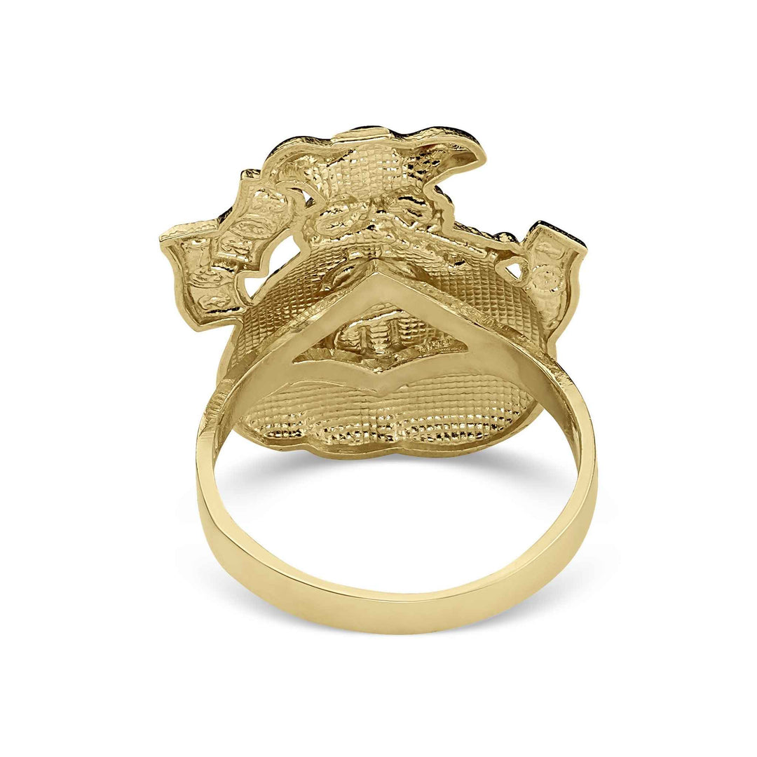 Back view of a 10k gold money loot bag ring on a white background.