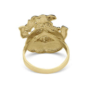 Back view of a 10k gold money loot bag ring on a white background.