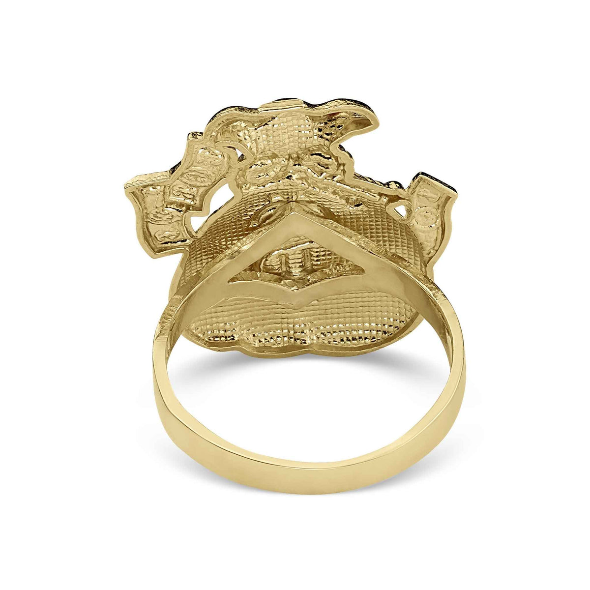 Back view of a 10k gold money loot bag ring on a white background.