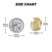 Size chart comparing a US quarter to the 10k gold money bag ring.