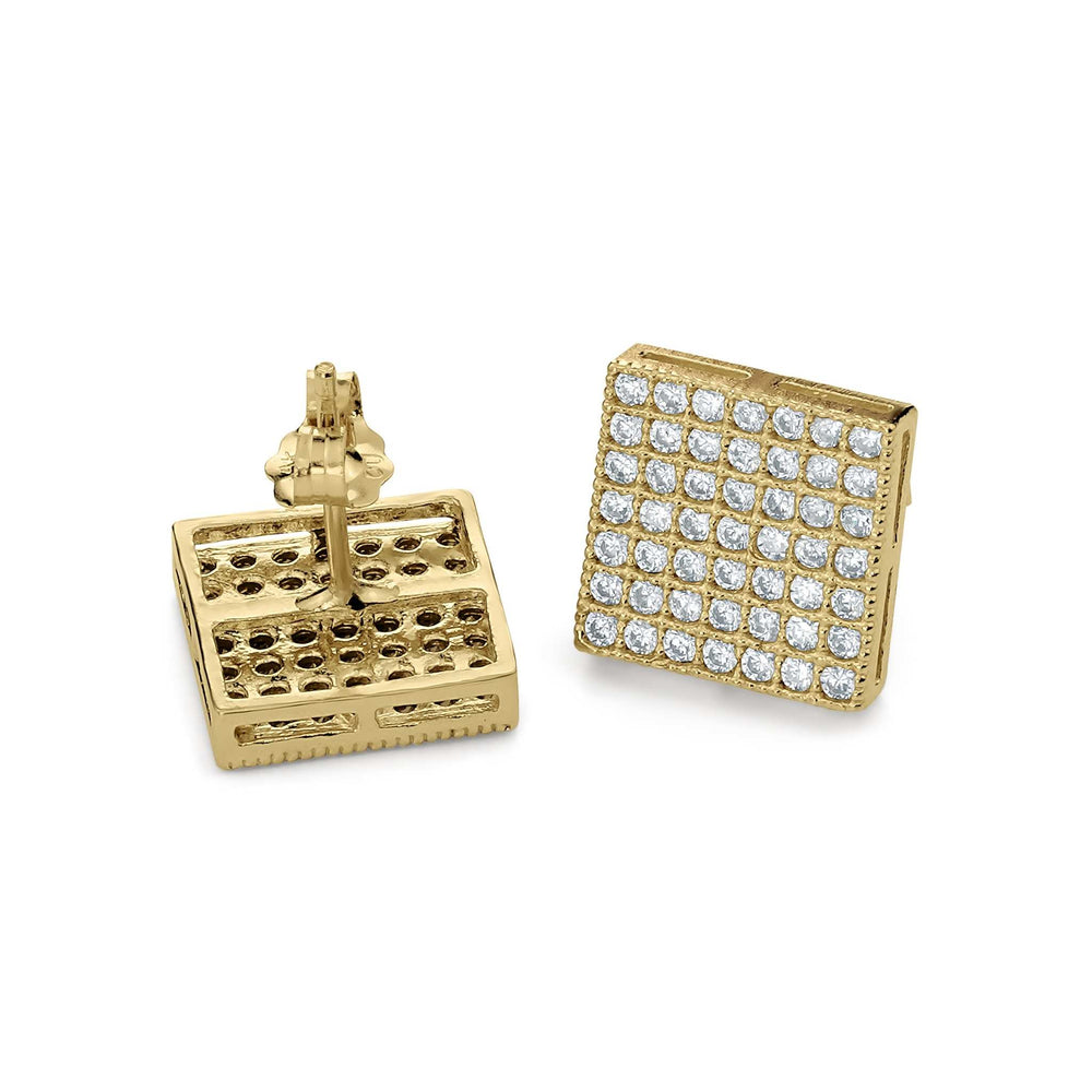 Angled front and detailed back view of 10k gold square cubic zirconia stud earrings.
