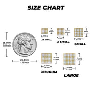Size chart displaying five gold square cubic zirconia stud earring sizes with a coin.