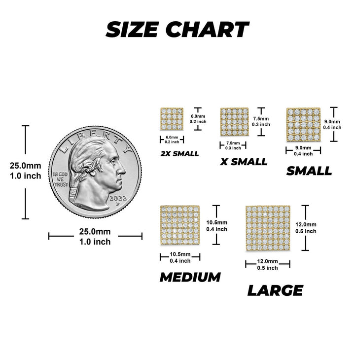 Size chart displaying five gold square cubic zirconia stud earring sizes with a coin.