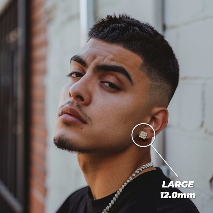 Male model wearing the 12.0mm Large gold square cubic zirconia stud earring.