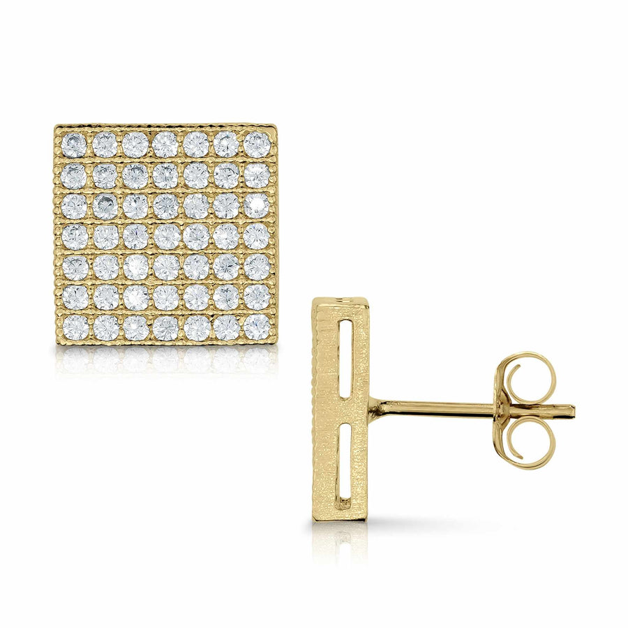 Front and side profile of 10k gold iced out square cubic zirconia stud earrings.