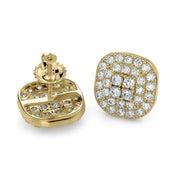 Detailed back and angled view of 10k gold iced round square CZ stud earrings.