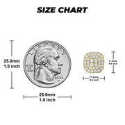 Size chart displaying the 11.0mm gold iced round square CZ stud earring with a coin.