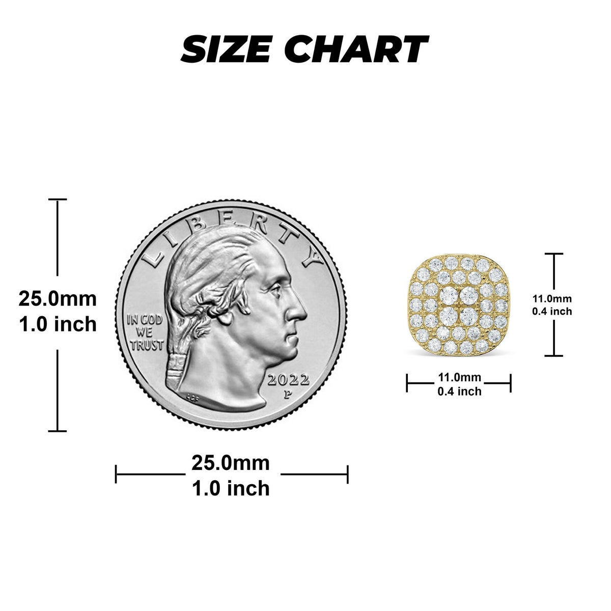 Size chart displaying the 11.0mm gold iced round square CZ stud earring with a coin.