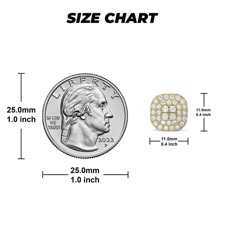Size chart displaying the 11.0mm gold iced round square CZ stud earring with a coin.