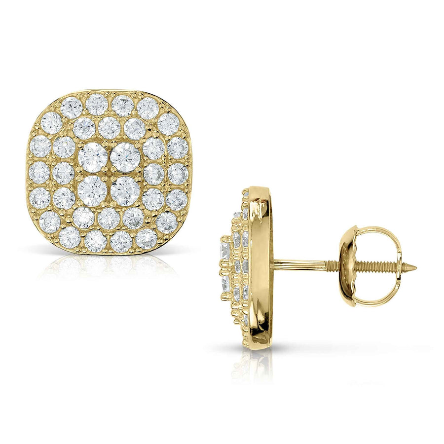 Front and side views of 10k gold iced round square CZ stud earrings.