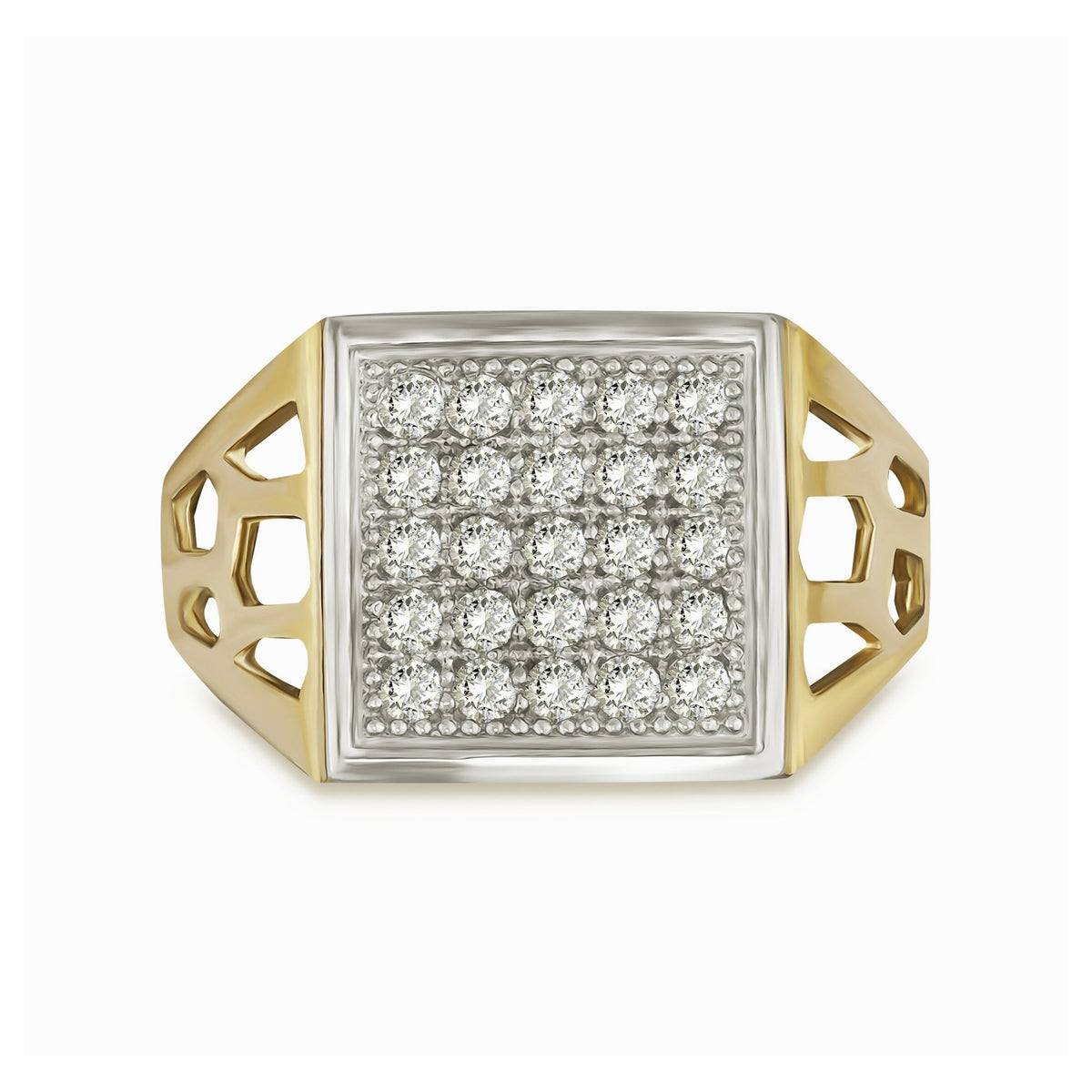 10k gold Nate square signet ring with rows of white cubic zirconia, front view.