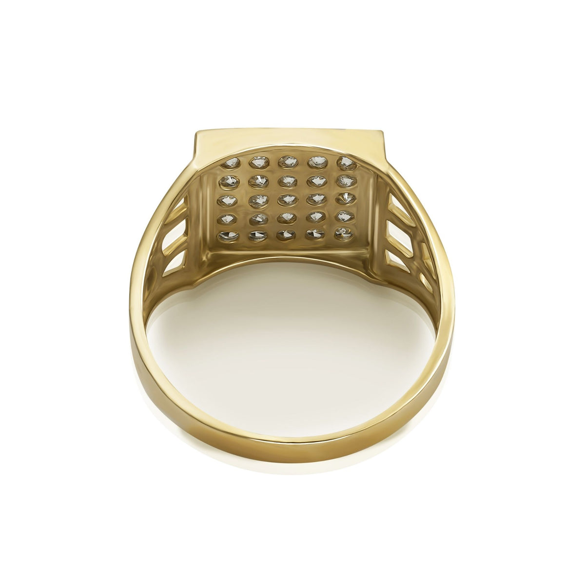 nside view of a gold signet ring showing the hollow back of the stone setting.