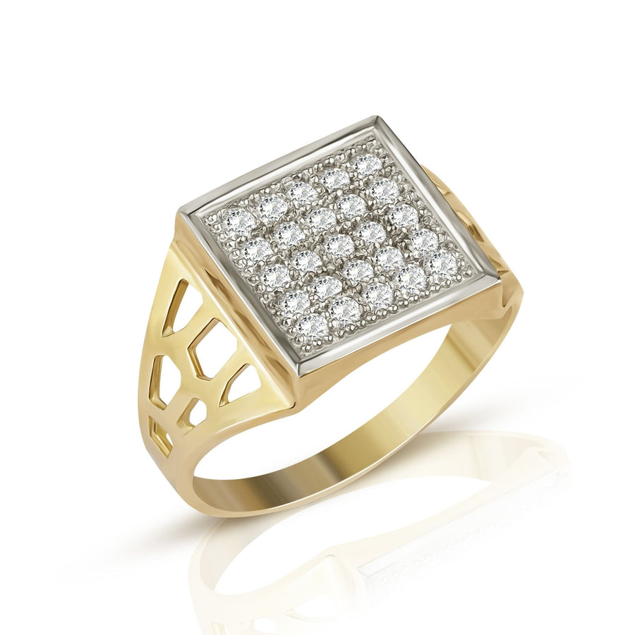 Front angle view of a gold square signet ring studded with small white stones.