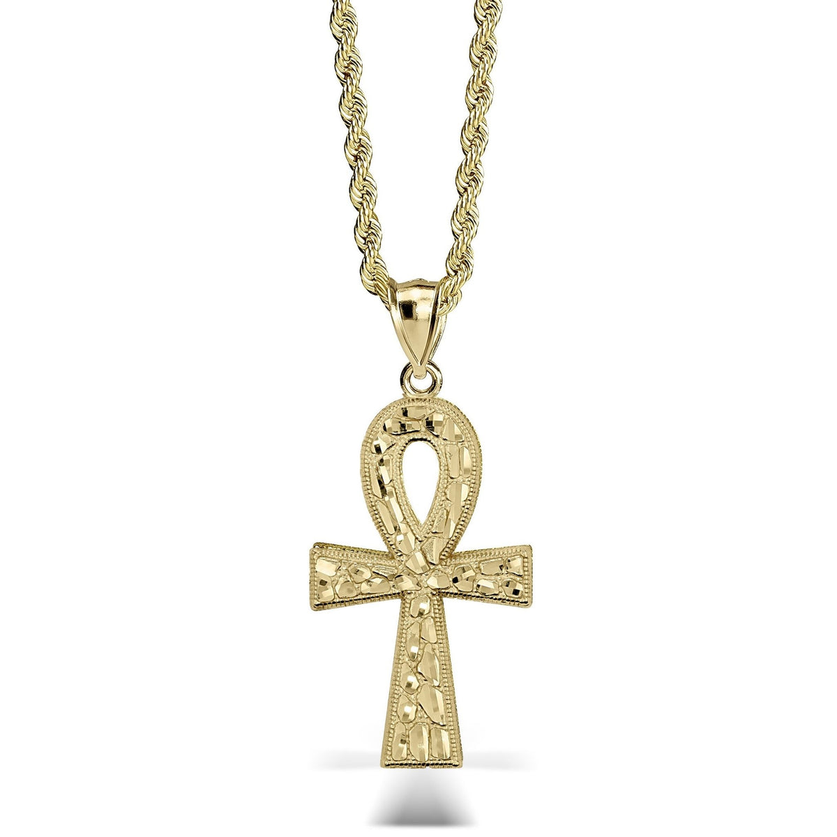 A gold Ankh pendant necklace on a twisted gold chain against a white background.