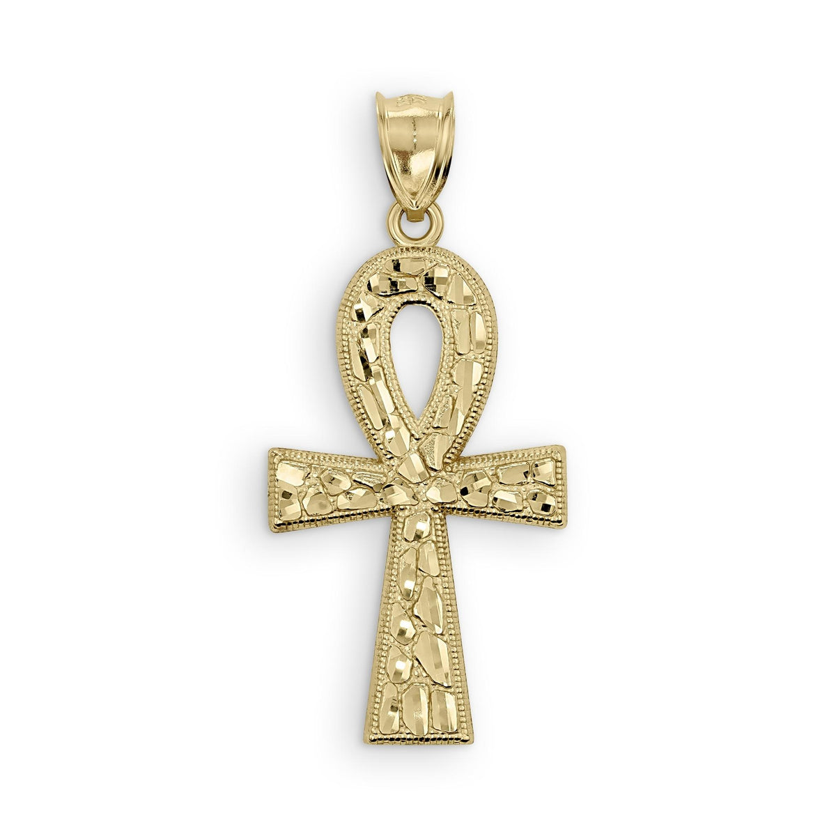 A gold Ankh pendant with a textured, beaded surface and a polished bail on a white background.