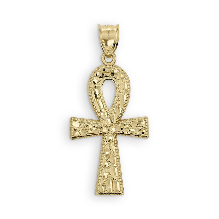 A gold Ankh pendant with a textured, beaded surface and a polished bail on a white background.