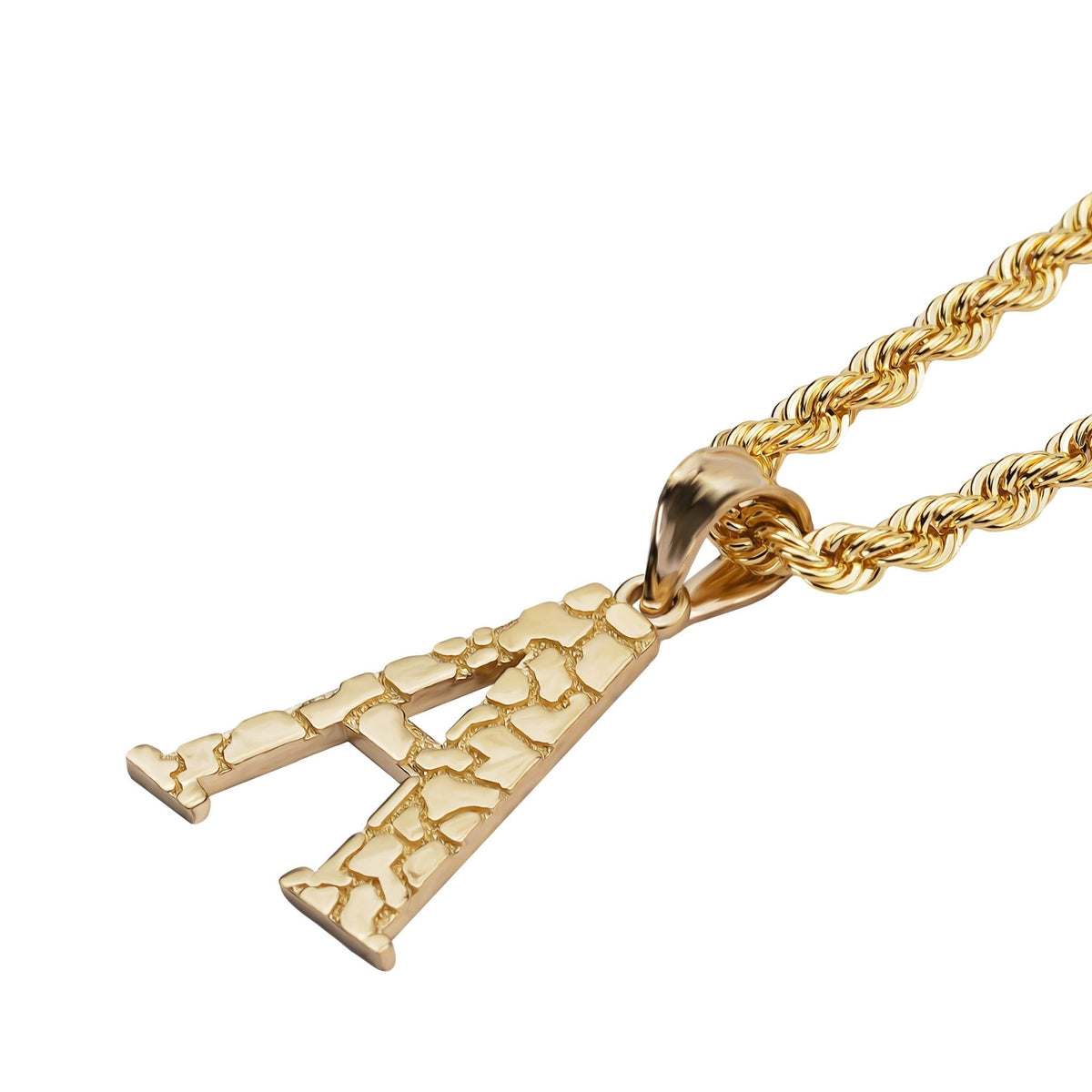 Detailed view of a textured 10k yellow gold initial 'A' pendant suspended from a rope necklace.