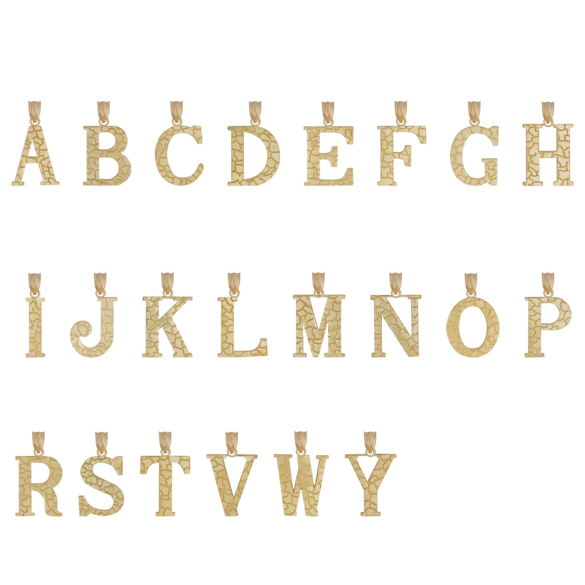 Full alphabet collection of 10k gold nugget initial pendants ranging from A to Z displayed on a white background.