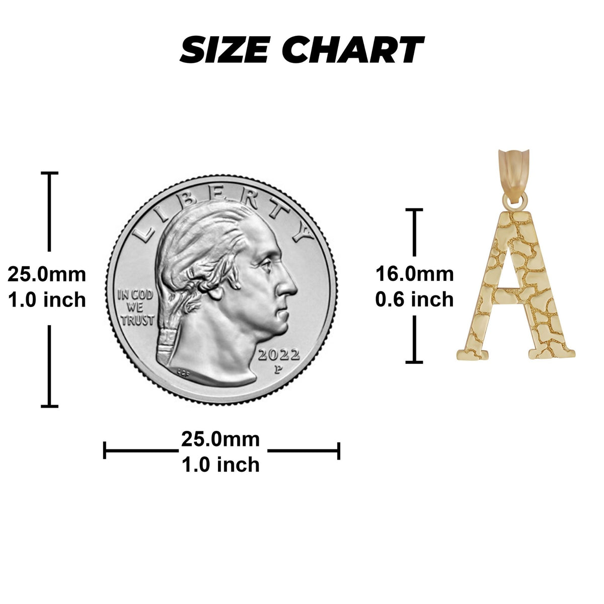 Size chart comparing a gold letter 'A' pendant with a U.S. quarter coin.