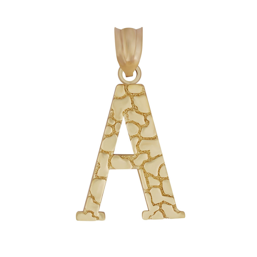 Close-up of a 10k gold nugget-style letter 'A' pendant charm.