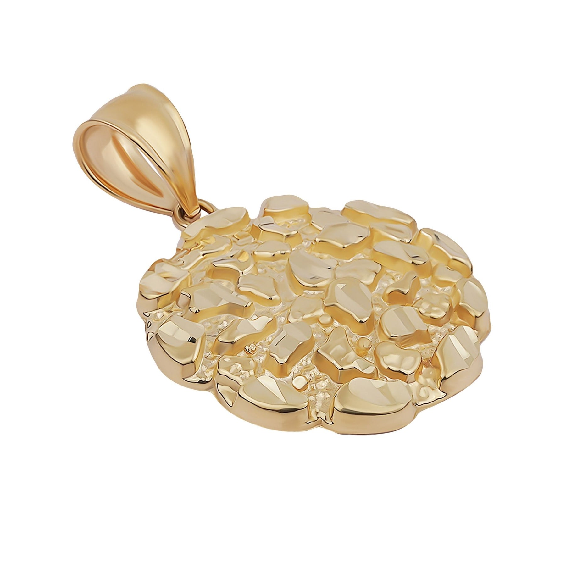 Angled view of the 10k yellow gold nugget pendant highlighting its textured surface.