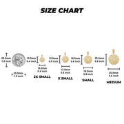 Size comparison chart showing four gold nugget pendant options with measurements in millimeters.