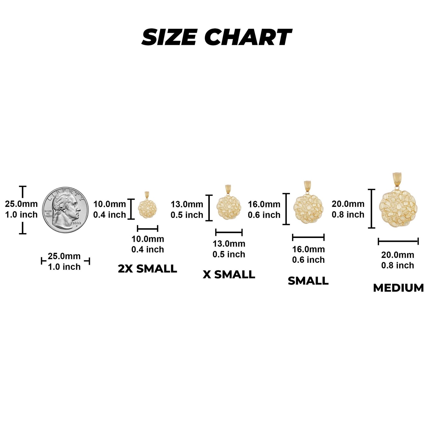 Size comparison chart showing four gold nugget pendant options with measurements in millimeters.