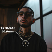 Man wearing the 2X Small (10.0mm) gold nugget pendant necklace with size overlay.