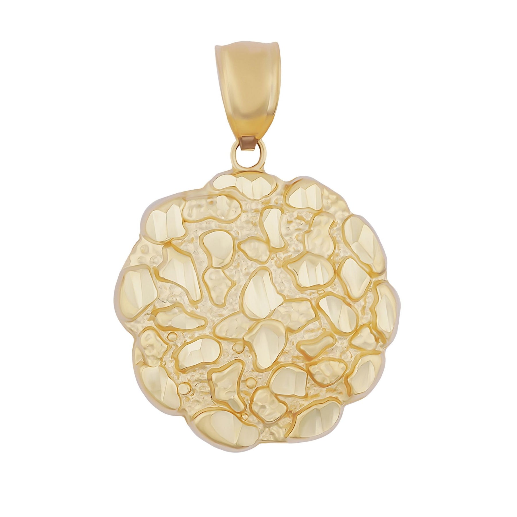 Round 10k yellow gold nugget pendant featuring an organic, textured pattern against a white background.