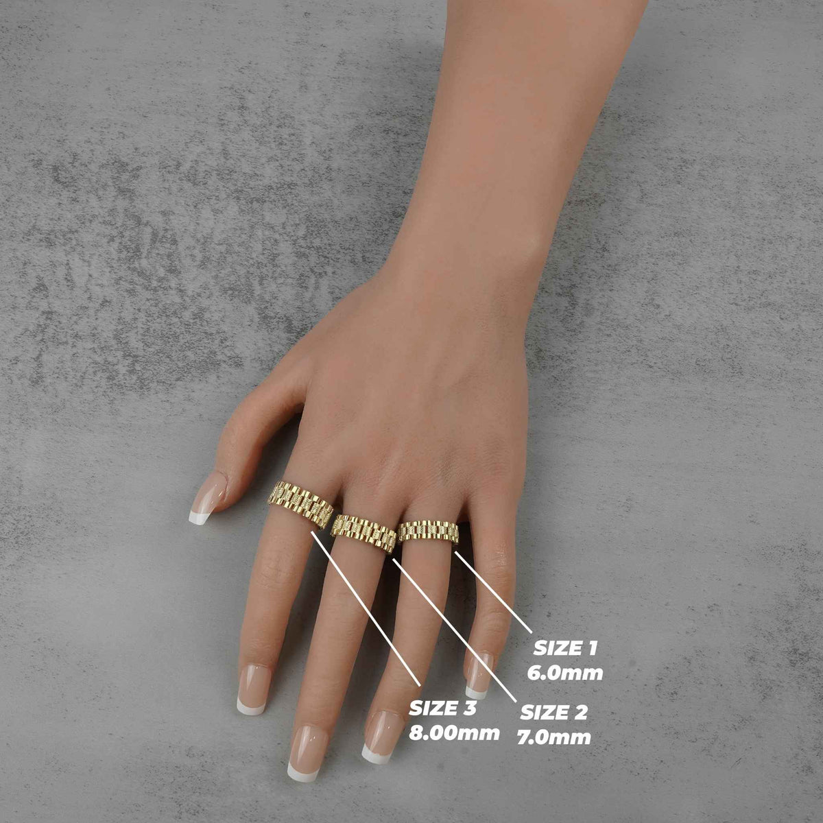Three presidential-style gold band rings side-by-side on a hand showing width measurements.