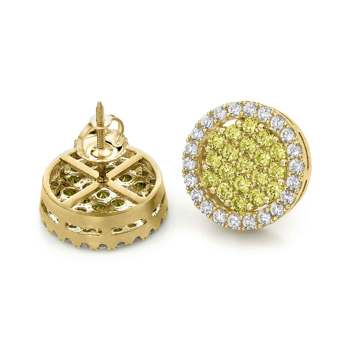 Detailed back and front view of 10k gold round yellow cubic zirconia stud earrings.