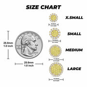 Size chart displaying four gold round cubic zirconia earring sizes with a quarter.