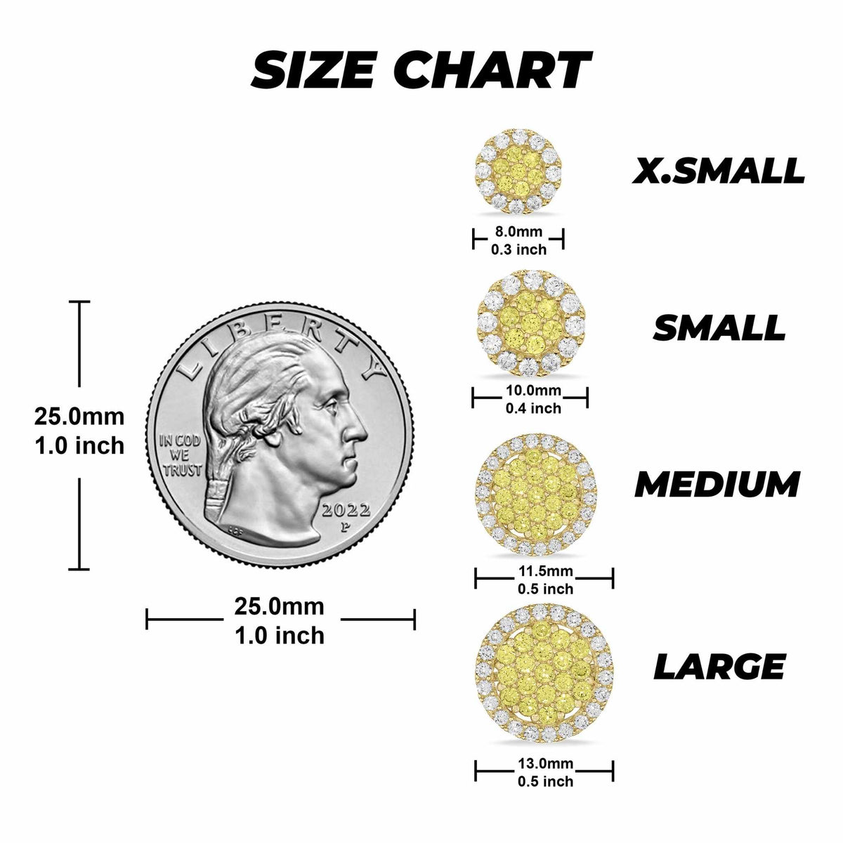 Size chart displaying four gold round cubic zirconia earring sizes with a quarter.