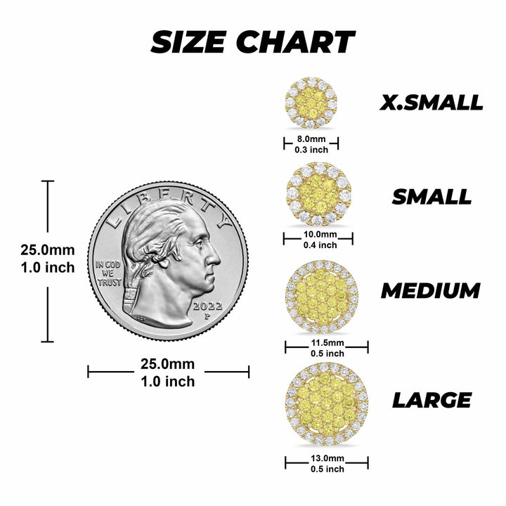 Size chart displaying four gold round cubic zirconia earring sizes with a quarter.