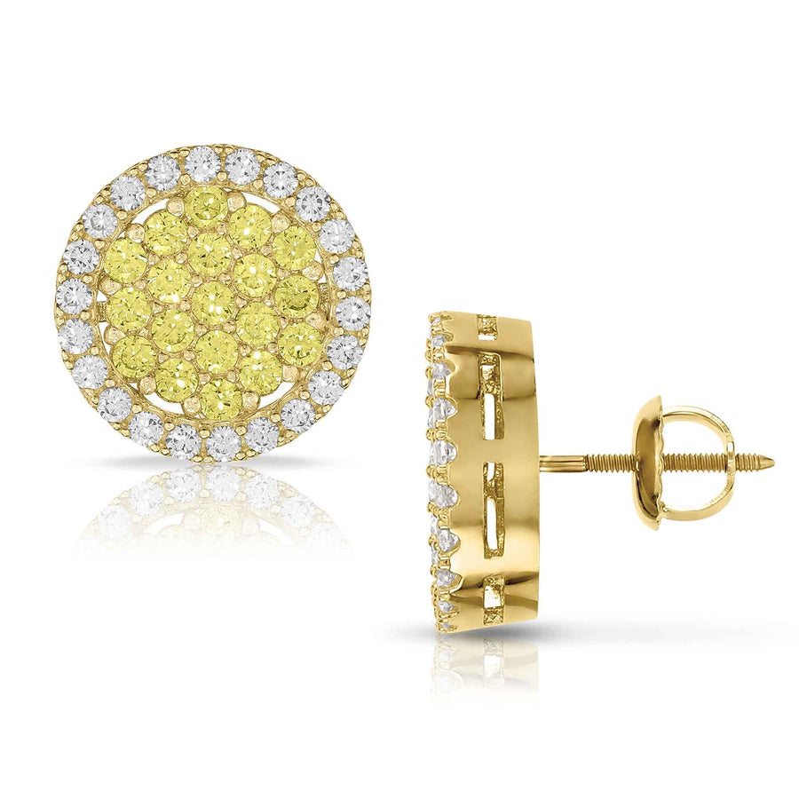 Front and side profile of 10k gold round yellow cubic zirconia stud earrings.