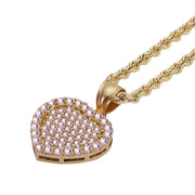 A 10k gold heart pendant with pink pavé stones and a rope chain.