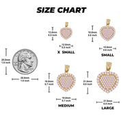 Size chart showing X Small, Small, Medium, and Large gold heart pendants with dimensions.
